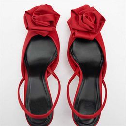 Nxy Sandals Womens Flower Slingbacks Pumps Pointed Toe Weddings Bridal High Heels Red Thin Heel Ladies Elegant Heeled Shoe 230406