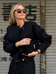 Womens Jackets Vintage Black Artificial Wool Cut Jacket Fashion Long Sleeve Single Chest Pocket Warm Coat Autumn Winter 231118