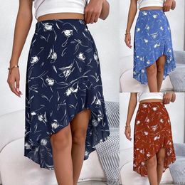 Skirts Down For Women Short Women's Casual Floral Asymmetrical Ruffle Hem Mid High Split Skirt Long Pleated