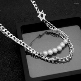 Choker Double Layered Chain Luminous Pearl Charm Pendant Stainless Steel Necklace For Women Men Star Of David Vintage Jewelry