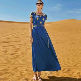 Sapphire Blue Waal Satin Heavy Dress Industry Manual Seam Diamond Short Sleeve