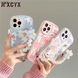 Cell Phone Cases Cute 3D Flower Wrist Phone Chain Soft Phone Case for iphone 12 14 Pro Max 13 MiNi 11 XR X XS 7 8 plus SE 3 Lens Protective Cover