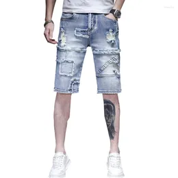 Men's Jeans Men Summer Slim Fit Light Blue Stretch Male Shorts Knee Length Pants Patchwork Distressed Hip Hop Boys Streetwear