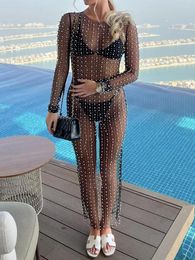 Women's Swimwear Sexy Mesh See Through Women Bikini Cover Up Long Sleeve Dress With Pearl Decoration Female Summer Beachwear