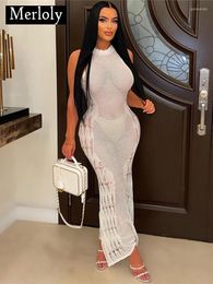 Casual Dresses Merloly Long Maxi Dress Women Knitted See Through Bodycon Beach Vacation White 2023 Summer Sexy Clothes