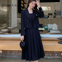 Work Dresses Autumn Korea Elegant Women Black Office Hepburn Suit Dress Casual Lapel Blazer Coat Classic High Waist A Line Pleated