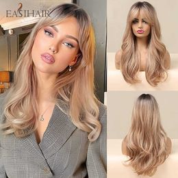 Synthetic Wigs Easihair Long Golden Blonde Ombre Wavy Synthetic Wigs for Women Cute Natural Hair with Bangs Heat Resistant Cosplay 230227