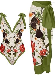Women's Swimwear Bodysuit Skirt Cover Ups Set Women Bandage Bathing Suit Summer Fashion Print Sexy Beach Holiday Outifts