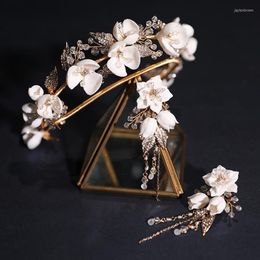 Headpieces Wholesale Ceramics Flower Wedding Gold Leaf Crystal Headpiece Bridal Accessories Hair Jewelry Handmade Women Crown Tiaras