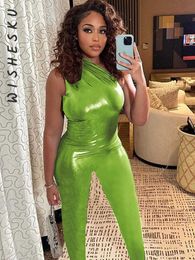 Women's Jumpsuits Rompers Sexy Slant Shoulder Sleeveless Neon Green Jumpsuits Women Slim Pencil Pants One Piece Rompers 2023 Spring Fall Party Clothes P230419