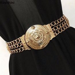 Belts Fashion Gold Carved Flower Hollow Metal Chain Waist Belt For Women Dress Elastic Wide Girdle High Quality Female