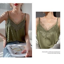 Camisoles Tanks Silk Sling with lace V-neck Lace silk camisole Women inner base top silk top summer women camis satin sling 230420
