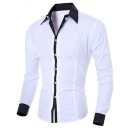 Men's Casual Shirts Men White Shirt Patchwork Social Dress Shirt Autumn Spring Solid Long Sleeve Slim Fit Male Top Office Casual Button Shirt 230420