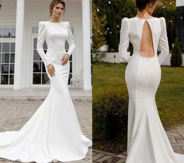 Modest Mermaid Wedding Dress 2024 Scoop Long Sleeves Beads Backless Satin Women Bridal Formal Gowns Vestidos De Noiva Custom Made