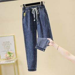 Women's Jeans Patches Stretch Women High Waist Lace Up Autumn Ankle Length Harem Pants Female Loose Casual Denim Ladies Street Wear