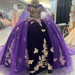 Purple Quinceanera Dresses Sexy Off the Shoulder Princess Gold Applique Bow With Cape Ball Gown Corset Party Dress for 15 Year Girl