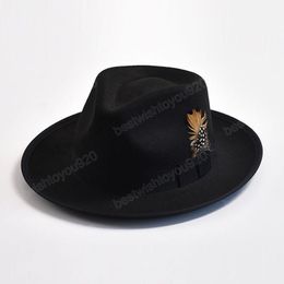 Black Vintage Soft Wool Felt Fedora Hat for Men Fashion Panama Trilby Jazz Hat Feather Decoration Gentleman Party Dress Cap