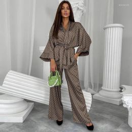 Women's Sleepwear Fashional Print Pajama Set Long Sleeve Laides Kimono And Pant 2 Pieces Suit Autumn Homewear For Female