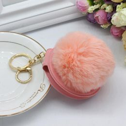 Keychains 1Pcs 28 Color Cute Puff Ball There Mirror Simple PU Makeup Kids Woman Small Gift Accessories Pom