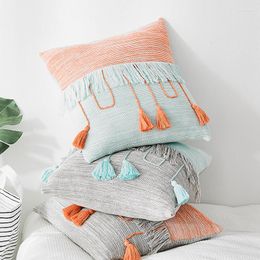 Pillow Cable Knit Cover Vintage Grey Blue Orange Tassels Case 45cm Soft Home Decorative