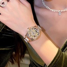 2024 Relógio de cerâmica de girassol para mulheres, marca mecânica pequena e luxuosa, tendência autêntica