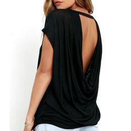 Women's T-Shirt Bigsweety Women Casual Backless Short Sleeve TShirt Summer Casual Loose O-neck Tops Tees Black white Open Back T Shirt 230419