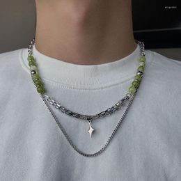 Choker Natural Green Stone Beads Necklace For Men Women Layered Stainless Steel Chain Hiphop Star Pendant Neck Clavicle Jewellery