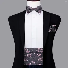 Belts Hi-Tie Luxury Designer Paisley Pink Grey Cummerbund Bow Tie Set Formal Tuxedo Corset Elastic Belt For Men Wedding Cummerbunds