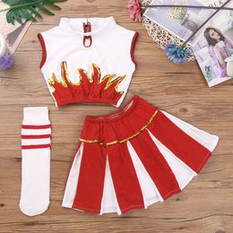 Cheerleading Kids Girls Cheerleader Costume Cheerleader Outfit Sleeveless Crop Top with Skirt and Socks Dancewear Set for Carnival Cosplay 230420