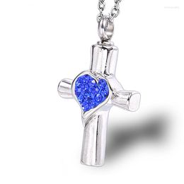 Pendant Necklaces Birth Stone Blue Cross Crystal Cremation Ashes Urn Necklace Jewellery In Stainless Steel