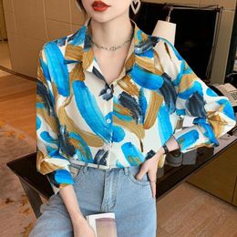 Women's Blouses Women Floral Print Blouse Tops Summer Female Turn Down Collar Long Lantern Sleeve Button OL Workwear Casual Shirts