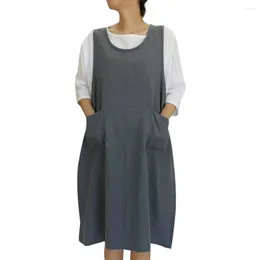 Casual Dresses Kitchen Apron Women Cotton Tunic Dress Sleeveless Knee-Length With Pockets Japanese Style Pinafore 2023