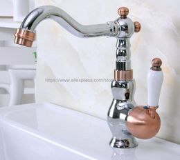 Bathroom Sink Faucets Deck Mounted Single Ceramic Handle Mixer Faucet Polished Chrome And Red Copper Cold Water Tap Nnf913