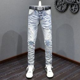Men's Jeans High Street Fashion Men Retro Washed Blue Stretch Skinny Fit Painted Ripped Patched Designer Hip Hop Brand Pants