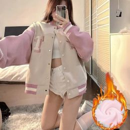 Womens Jackets Winter Korean Fashion Bomber Jacket Street Clothing Baseball Uniform Oversized Coat Student Loose Pink 231120