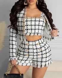 Women's Tracksuits NEW Tweed Fringe Hem Chain Decor Top Buttoned Shorts Set P230419