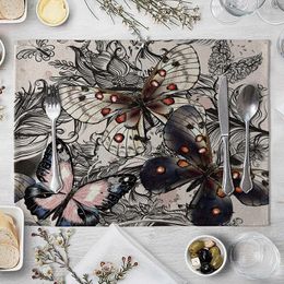 Table Mats Colorful Butterfly Print Linen Fabric Placemat For Dining Flower Design Kitchen Decoration Accessories Individual
