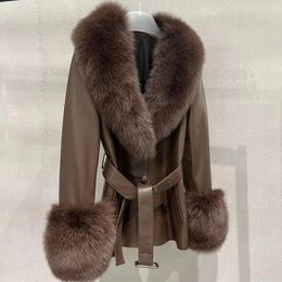 Womens Down Parkas FURARISTOCRAT Big Fox Fur Collar Thunder Cuffs Winter Highgrade Genuine Leather Women Sheep Jacket Belt 231120