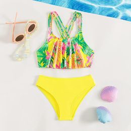 Women's Swimwear Summer Yellow Split Ruffle Girls Kids Two Piece 7-14 Years Swimsuits Teenager Bathing Suit Beachwear