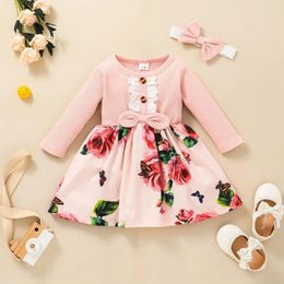 Girl Dresses 2 Pcs Autumn Fall Toddler Baby Dress Headband Long Sleeves Floral Bowknot Hair Band Set For Kids Fashion