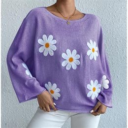 Women's Sweaters Embroidery Floral Knitted Sweater Pullover Trend Design Y2K Knitwear Batwing Sleeve Women Outfit Clothing Jersey Jumper