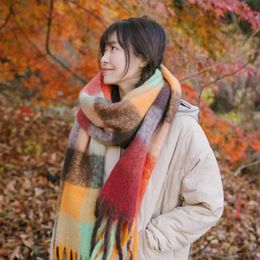 INS Network Red Same Autumn and Winter Rainbow Plaid Warm Scarf Sweet Soft Glutinous Long Mohair Tassel Neck 231015