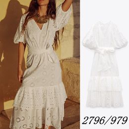 Casual Dresses Spring Dress UNIZERA Womens White Fashion Temperament Elegant Belt Embroidery Hollow Layered Dress 2796979 230420