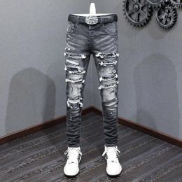 Men's Jeans Streetwear Fashion Men Retro Black Gray Stretch Skinny Fit Ripped Paisley Patched Designer Hip Hop Brand Pants