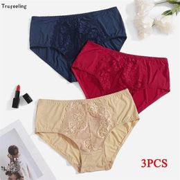 Women's Panties Trufeeling 3Pcs/lot Women's Sexy Panties Floral Briefs Lace Lingerie Plus Size Underwear Silk Satin Shorts L XL 2XL 3XL 4XL 5XL 230420