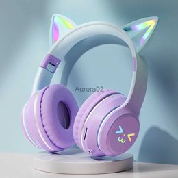 Cell Phone Earphones Wireless bluetooth Headphones RGB Cute Cat Girls Kids Gift with Microphone Stereo Music Gaming Headsets Control lights Earphone YQ231120