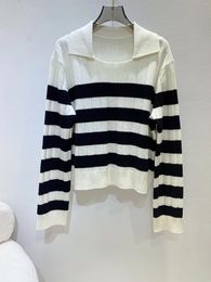 Women's Sweaters 2023 Women Fashion Long Sleeve Sexy Casual Pit Strip Texture Lapel Black And White Color Matching Pullover Sweater 0920