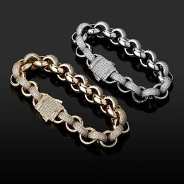 Mens Zirconium Stitched Smooth Circle Bracelet Spring Buckle Cuban Link Curb Chains Hip Hop For Boyfriend 14K Gold 3A Cubic Zirconia Steampunk Jewellery Pulseiras