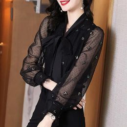 Women's Blouses Elegant V-Neck Embroidery Gauze Lace Up Bow Clothing 2023 Autumn Winter Office Lady Tops Princess Sleeve Shirts