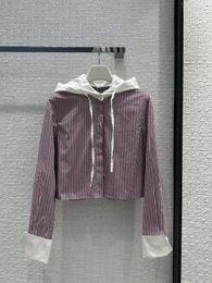 Women's Blouses 2023 Autumn/Winter Tri Colour Stripe Vertical Pattern Contrast Hooded Shirt Long Sleeve Top Blouse